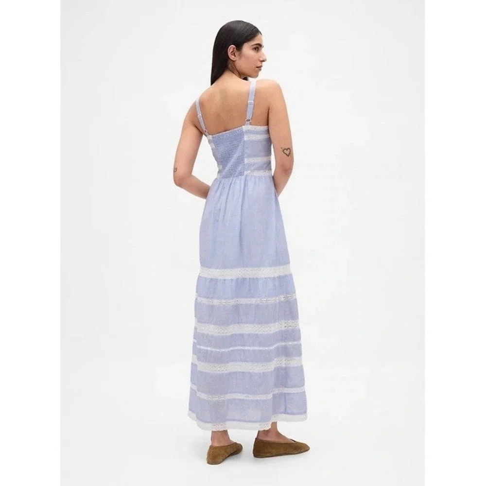 GAP Lace Trim Maxi Dress S Petite Blue Stripe Cotton Button Front Cottagecore - Picture 2 of 16